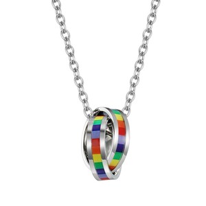 Unisex Double <b>Ring</b> Rainbow Flag <b>Necklace</b> Stainless Steel Pendant Gift Jewelry - Product Image 5