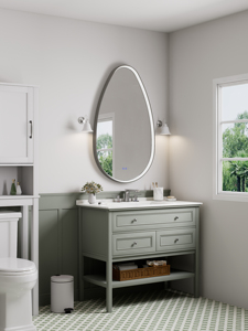 Miroir de salle de bain LED asymétrique en forme de larme, design moderne à éclairage latéral, panneau de commande tactile, étanche IP44, garantie 3 ans, argent - Product Image 1