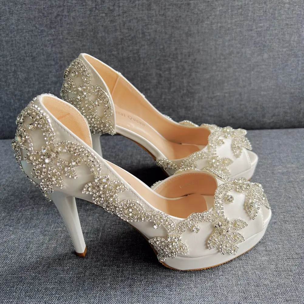 Bs073 Witte Trouwschoenen 11 Cm Hoge Hak Kristallen Schoen Voor Bruiden Afrikaanse Dame Mariage Avond Feest Bruidsmeisje