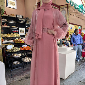 Loriya New Stone Design 2-Piece Islamic Clothing Shinning Polyester Open Abaya with Breathable Inner <b>Slip</b> Women's Muslim Dress - Product Image 2