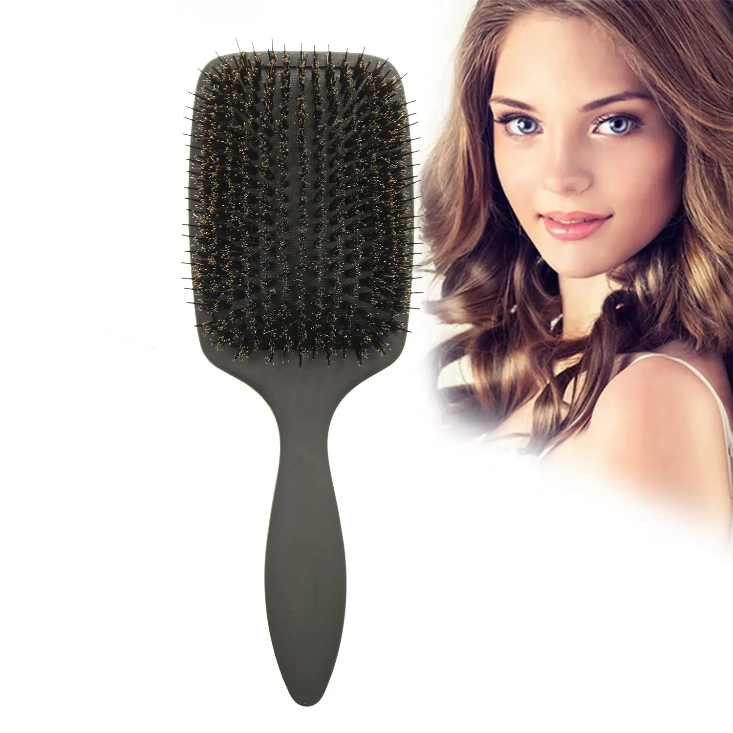 Private label natural boar bristle square design paddle and cushion extension hair brush for women