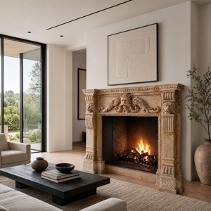 Chimenea de Mármol Personalizada, Moderna, Tallada a Mano, de Lujo, en Color Beige Marfil, con Repisa y Marco de Travertino - Product Image 6