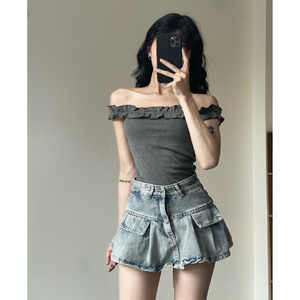 Camisetas casuales para mujer Low Moq en muchos colores, ropa para verano, servicio OEM, blusa elegante con volantes y hombros descubiertos para damas. - Product Image 5