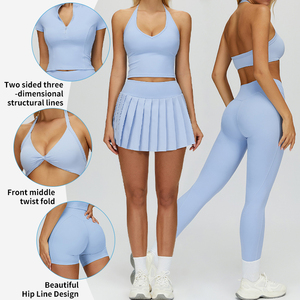 TZ4514 Ensemble de yoga style nude, tenue de <span class=keywords><strong>sport</strong></span> moulante à plis torsadés, soutien-gorge de <span class=keywords><strong>sport</strong></span> profond en <span class=keywords><strong>U</strong></span>, jupes courtes, leggings, ensemble de yoga 2 pièces - Product Image 2