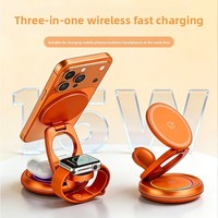 Stasiun Pengisian Daya Nirkabel 3-in-1 Cepat, Logam Magnetik, Lipat, Putar, untuk Ponsel, Jam Tangan, Earphone, Penggunaan di Meja, Warna Oranye