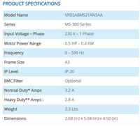 Variateur de fréquence Delta MS300 Series Vector Control AC Motor Drive VFD2A8MS21ANSAA 0.4KW monophasé 220V pour compresseur