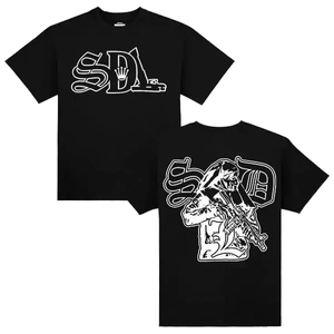 Camiseta de algodón negra de manga corta para hombre, estilo urbano con estampado de estrella frontal, corte regular, cuello redondo - Product Image 1