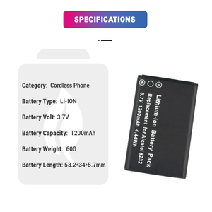 Batería de Repuesto de Litio para <span class=keywords><strong>Teléfono</strong></span> <span class=keywords><strong>Inalámbrico</strong></span> <span class=keywords><strong>Alcatel</strong></span> DECT 8262 8232, LI-ION 3.7V 1200mAh, 10000058 3BN67332AA - Product Image 2