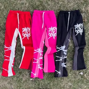 Custom Logo fleece joggers sweatpants 100% cotton 3D Puff Print french terry baggy stacked flare sweat pants men