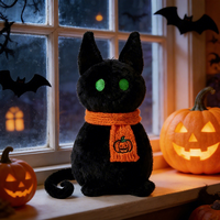 Peluche chat noir avec écharpe orange tricotée, peluche Kawaii assise pour Halloween, cadeau mignon pour décoration de fête