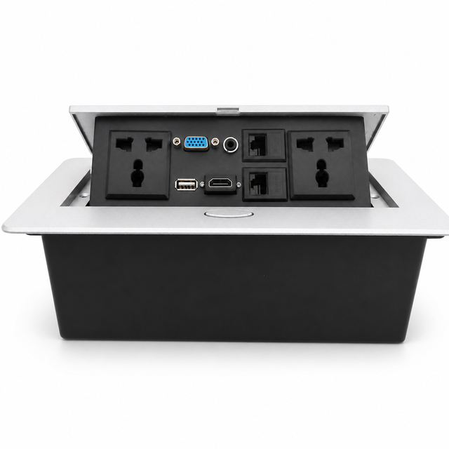 Tabletop Multimedia Power Box 5 Ports USB Type-C 5 Outlets RJ45 Network Tamper Resistant Aluminum Alloy Conference Desk Socket