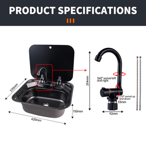 Évier <span class=keywords><strong>pour</strong></span> <span class=keywords><strong>camping</strong></span>-<span class=keywords><strong>car</strong></span>, caravane, bateau, cuisine, en acier inoxydable gris foncé avec couvercle en verre trempé et robinet pliable - Product Image 2