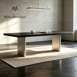 Table rectangulaire moderne en acier inoxydable avec plateau en bois massif naturel, idéale pour les restaurants et les repas en groupe - Product Image 3