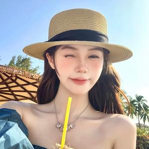 Sombrero de Copa Plana Estilo Francés 2025, con Bordado a Mano en Peluche, para Mujer, Circunferencia Grande, para Playa, Protección Solar, Verano - Product Image 2