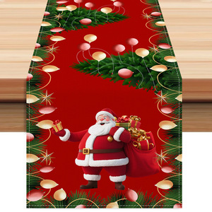 YUELIAN Chemin de table de Noël rouge en lin écologique, motif Père Noël imprimé, lavable, assorti à la nappe, pour comptoir de cuisine - Product Image 1
