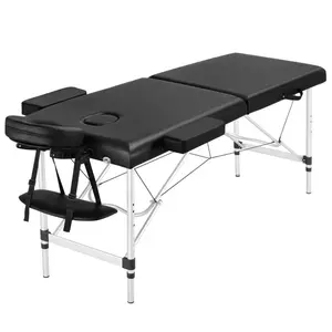 Mesa de masaje de aluminio plegable de dos secciones, mueble de salón negro, esponja, masaje moderno, terapia de belleza y piel sintética para el hogar