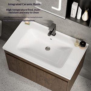 Nouvelle armoire de salle de bain intelligente murale de style nordique, couleur noyer, avec design combiné et vasque en céramique intégrée - Product Image 3