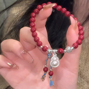 Sterling Silver Gourd Charm <b>Bracelet</b> With Garnet <b>Beads</b> Tassel Design Unisex Gift Jewelry - Product Image 5