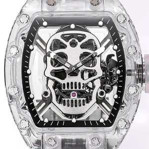 Men's Skull Skeleton Automatic Mechanical <b>Watch</b>, Transparent Crystal Tonneau Shaped <b>Watch</b> - Product Image 5