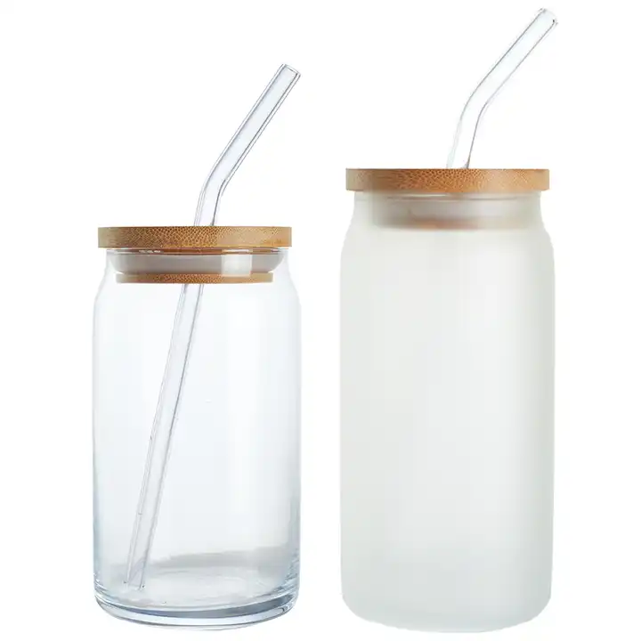 Glass Cups with Bamboo Lids and Glass Straw - S Shaped Drinking