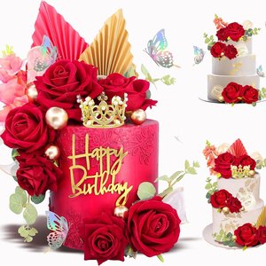 Décoration de gâteau en gros d'usine : fleurs d'hibiscus, boules de mousse aux couleurs variées, feuilles de palmier, topper de gâteau Joyeux Anniversaire Flamant rose - Product Image 5