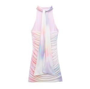 Zomer Mouwloze Halter Top Korte Jurk Met Print Van Zijde Met Een Drop-Cover Knielange Gala Mesh Jurken - Product Image 2