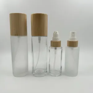 Eco Friendly Cosmetic Packaging Set 30ml 50ml 60ml 80ml 100ml 120ml Frosted Mist Pump Lotion Glass Spray Bottle With Bamboo Cap