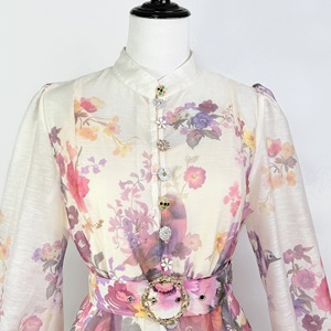 Completo due pezzi vintage stile francese con stampa floreale, colletto alla coreana, <span class=keywords><strong>abito</strong></span> monopetto e gonna a trapezio a vita alta - Marca Z - Product Image 3