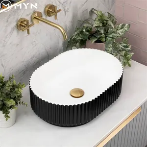 Nouveau design blanc noir vert bleu ovale forme cannelée comptoir bassin en pierre artificielle lavabo salle de bain main visage lavage évier