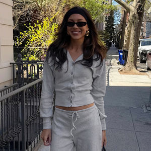 Top de Punto con Cuello en V de Color Sólido, Estilo Minimalista, Diseño Ajustado con Botones en la Cintura, Cárdigan Retro para Chicas Modernas, Camiseta Delgada - Product Image 5