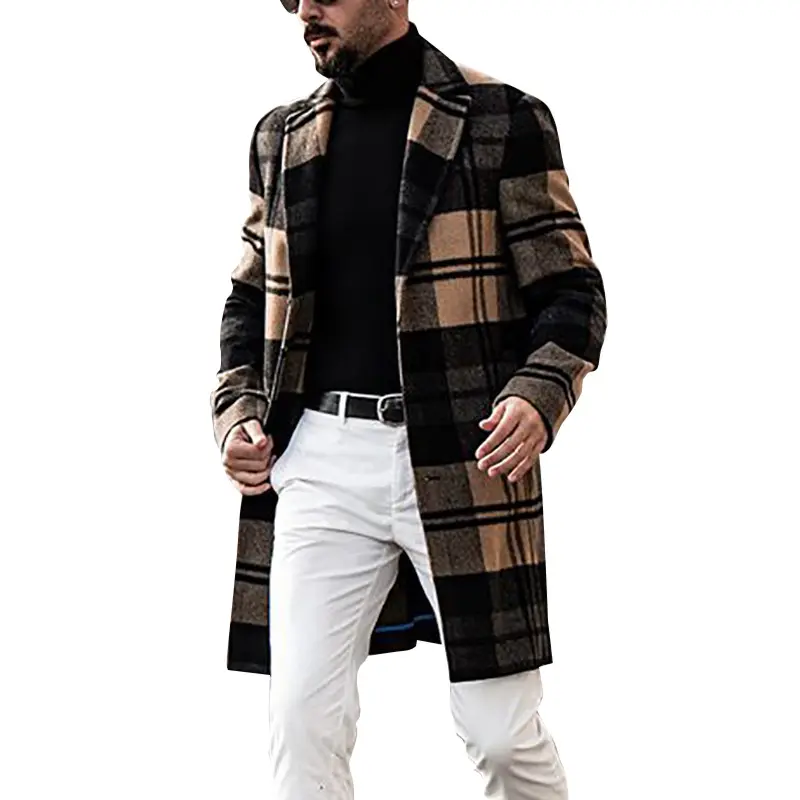 Men's Plaid Wool fit medium long casual men's coat fleece jacket winter Wool coat windproof cold proof