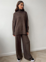 Ensemble deux pièces en cachemire 100 % tricoté pour femme : pull à col roulé à manches chauve-souris et ourlet fendu, pantalon décontracté à jambes larges, tenue de détente
