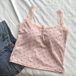 Brandy's BM Style femmes été coton débardeurs nouveau gilet à bretelles en dentelle florale avec bouton haut mince dentelle florale débardeur femmes - Product Image 5