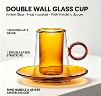 Ensemble de tasses en verre borosilicate à double paroi WUSO, tasse intérieure ambrée et soucoupe assortie, poignée à anneau rouge, résistant à la chaleur pour le café et le thé
