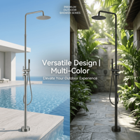 Colonne de douche autoportante d'extérieur haut de gamme en acier inoxydable avec système de douche pluie et douchette à double fonction en céramique pour un luxe moderne
