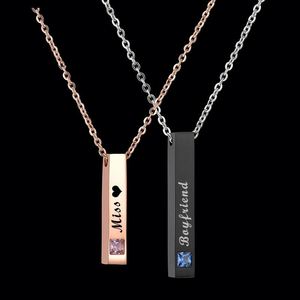 Engraved Stainless Steel Vertical Bar <b>Name</b> Couple <b>Custom</b> Mental <b>Necklace</b> Personalized Blue Pink Stone Women Men Jewelry - Product Image 3
