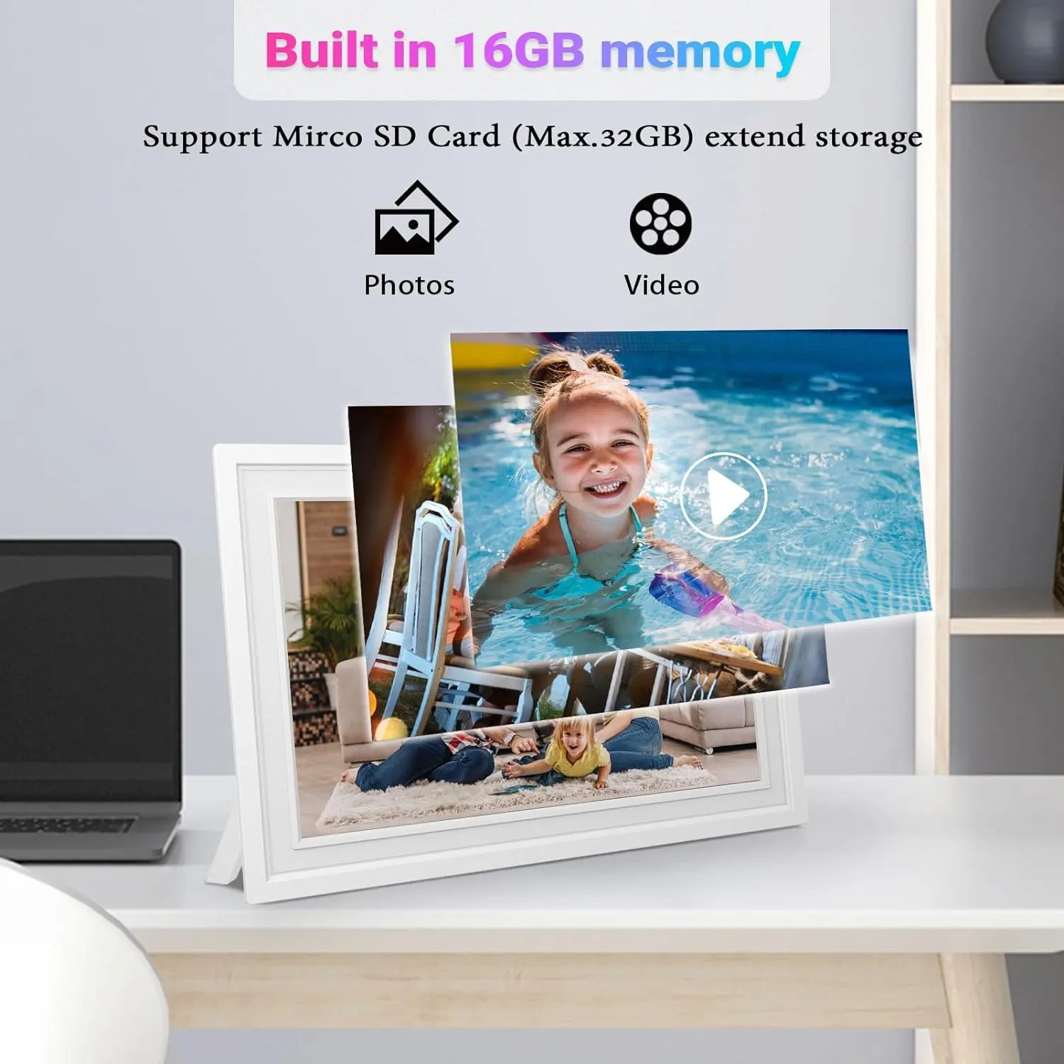 Moldura digital FramEO 10.1", tela de toque IPS para moldura digital WiFi, com 16 GB de memória integrada, para compartilhar fotos e vídeos instantaneamente