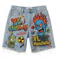 Fabricants sur mesure de jorts en jean baggy Y2K Cyber style urbain, pour l'été, avec impression graffiti intégrale, broderie et ourlet effiloché, vêtements sur mesure