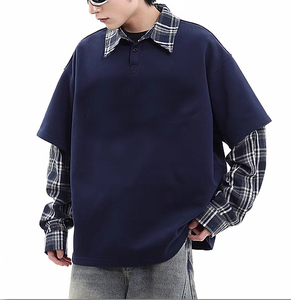 Commercio all'ingrosso autunno nuova tendenza Streetwear Polo con collo a manica lunga camicia di flanella Patchwork a manica corta felpa da <span class=keywords><strong>uomo</strong></span> - Product Image 2
