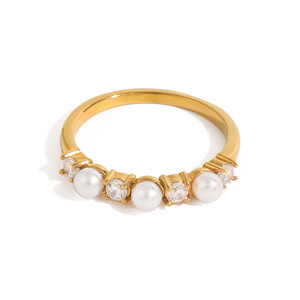 Elegant Pearl <b>Ring</b> 18k <b>Gold</b> Stainless Steel With Zircon Prong Setting Unisex Fashion Jewelry Gift - Product Image 1