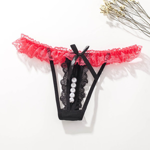 Culottes sexy avec perles, couleur unie, dentelle sexy, culottes en forme de T, sous-vêtements pour femmes, mini-culottes transparentes sans trace, nouveauté - Product Image 5