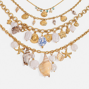 Collier superposé en coquillages, chaîne dorée, style vacances à la plage, bijoux de mode pour femme, chaîne de clavicule, pendentif étoile de mer et coquillage - Product Image 1