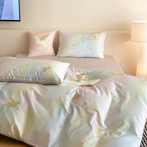 Set di Biancheria da Letto in Cotone a Fibra Lunga 500T, Copripiumino Traspirante con Ricami Raffinati, Set Quattro Pezzi Principessa <span class=keywords><strong>Unicorno</strong></span> - Product Image 2