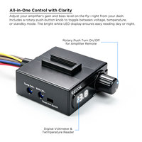 Controlador de nivel RCA universal Recoil LCVT con voltímetro digital y termómetro - Perilla de control de ganancia de amplificador integrada en el tablero y perilla de bajos remota
