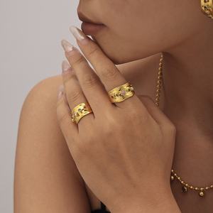 New Arrival Colorful Cubic Stone Crystal Wide Band Women Ring Earrings Stainless Steel Waterproof 18K Gold Plated <b>Jewellery</b> <b>Set</b> - Product Image 3