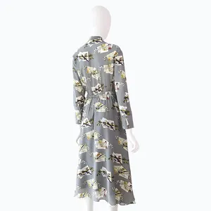 थोक रेशम पोशाक क्रेप डी सिलसिला प्रिंट रिबन लंबी आस्तीन सिल्क ड्रेस महिलाओं के लिए