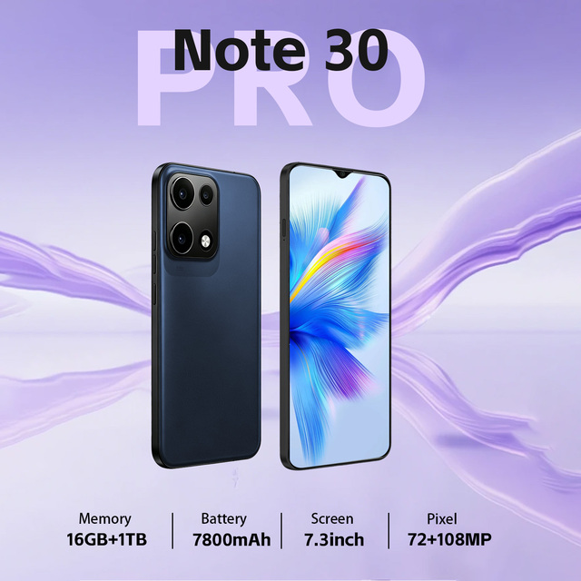Note30 Pro 5G Smartphone 16GB 1TB Android 15 108MP 7.3 Inch 7800mAh Dual SIM Face ID Unlocked Gaming Mobile