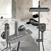 Ensemble de douche contemporain noir mat en aluminium spatial, à double poignée, avec touches de style piano brossées, 4 fonctions, jet doux et effet pluie spa