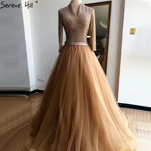 שלווה היל ורוד קו ארוך שרוול טול ערב שמלות 2021 V צוואר סקסי תחרה עד פורמליות שמלת עיצוב LA70491