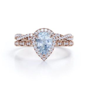 Anillo de Compromiso de Plata de Ley 925 con Corte de Pera y Aguamarina, Chapado en Oro, Gema Azul Clásica Certificada Fina - Product Image 3